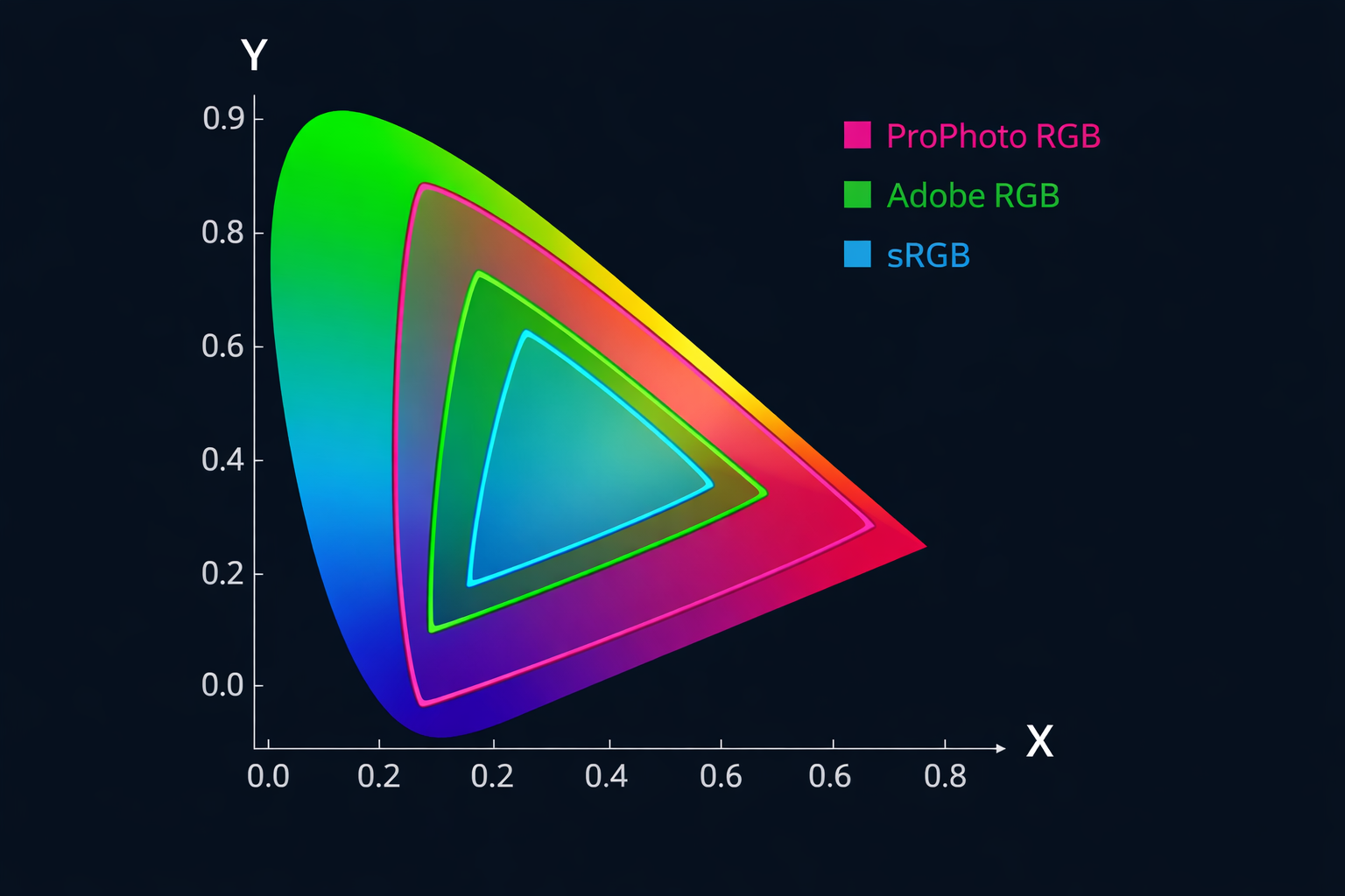 sRGB, Adobe RGB ve ProPhoto RGB renk uzaylarinin gamut genisliklerini gosteren karsilastirma grafigi